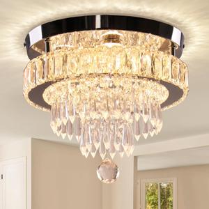 Finktonglan 11.8" Crystal Chandeliers, Modern Crystal Ceiling Light LED Small Chandeliers Semi Flush Mount Chandelier Room Light for Bedrooms Living Room Hallway (2700K Warm Light)