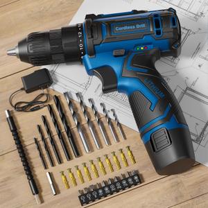 Cordless Drill Set,12V Power Drill Driver 3/8" Keyless Chuck with 42 Acessories, Built-in LED Light, 25+1 Position, Electric Drill for Home DIY ProjectsBlue