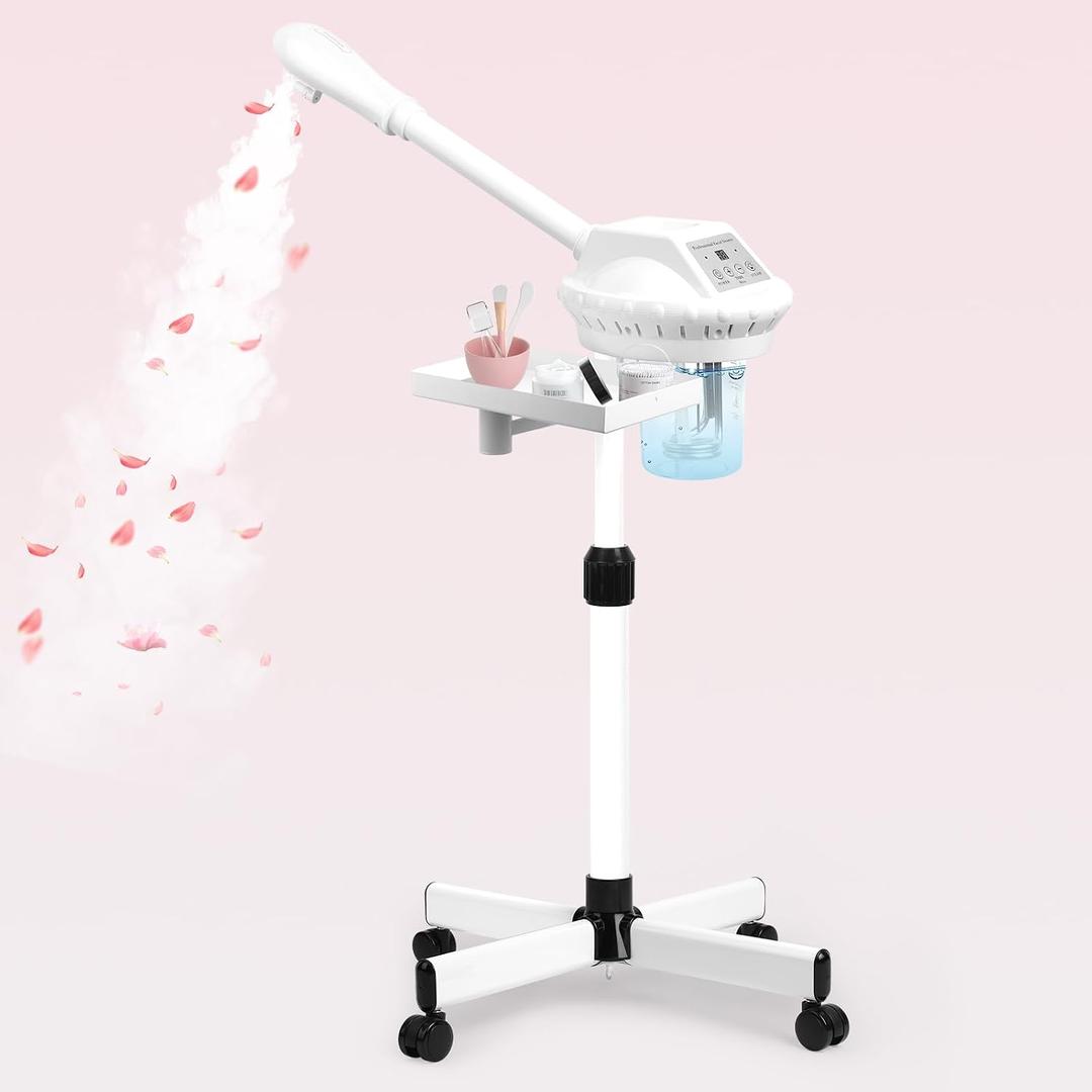 Facial Steamer Professional, Facial Steamer on Wheels with Storage Platform, Face Steamer with More Steam for Deep Cleansing and Hydration, Estheticians Steamer for Beauty, Spa and Home UseWhite