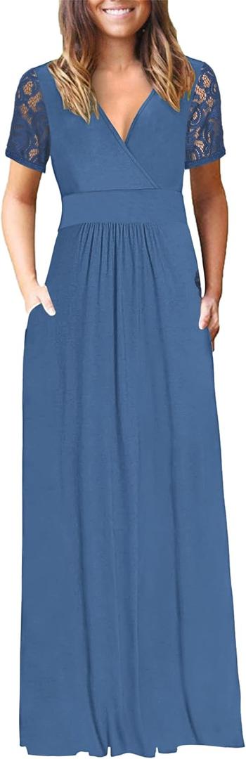 AUSELILY Maxi Dresses for Women 2026 Lace Short Sleeve V Neck Wrap Long Dress with Pockets (Blue, M)