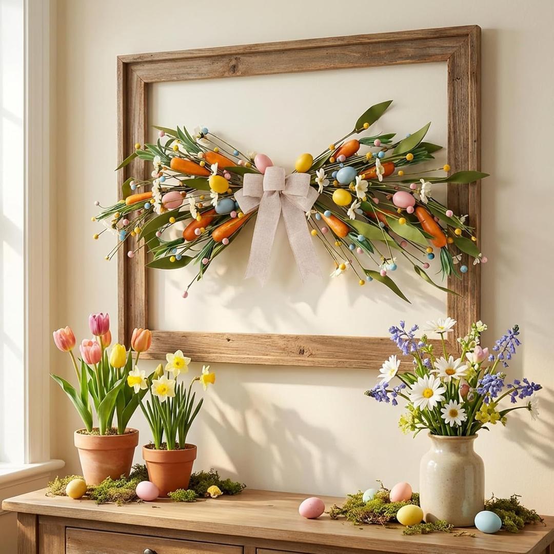 22'' Easter Swag Wreath with Carrots and Easter Eggs for Front Door Artificial Spring Floral Teardrop Swag with White Daisy Flower for Farmhouse Kitchen Cabinet Porch Wall Window Cabinets Wedding Arch