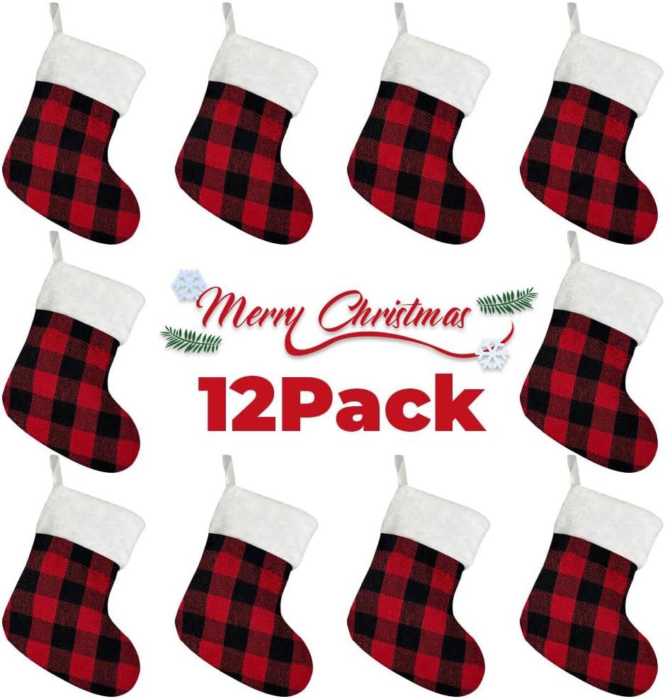 12 Pack Mini Christmas Stockings 7.5" Xmas Red Buffalo Plaid Hanging Stockings with Plush Cuff for Fireplace Christmas Tree Mantle Home Decoration Supply