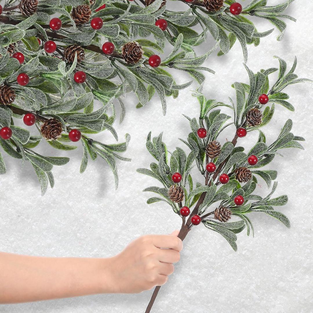 6 Pcs Christmas Artificial Mistletoe Picks 17.3 Inch Fake Mistletoe Decoration Branches with Berries Pinecones Ornaments DIY Crafts for Xmas Tree Wreath Holiday Decor(Red Berry)