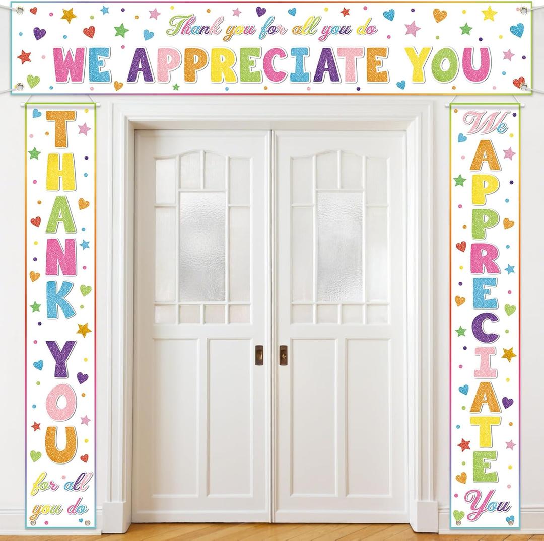 Tingjoo 3 Pcs Teacher Appreciation Banner We Appreciate You Door Porch Decor for Nurse CNA Employee Volunteer Staff Coworker Thank You Party Backdrop Supply(Glitter,Colorful)