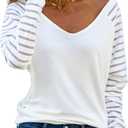 AISEW Womens Long/Short Sleeve V Neck T-Shirt Striped Sheer Mesh Raglan Tees Loose Casual Tops (White, M)