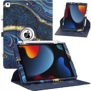 ZoneFoker Case for iPad 9th/8th/7th Generation, iPad 10.2 inch Case 2021/2020/2019, 360 Degree Rotating Stand, iPad 9 8 7 Gen 10.2 Leather Cover with Pocket Design & Pencil Holder, Marble Ocean Blue