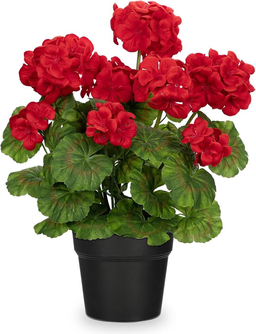 Briful Artificial Geranium Potted Plant  16 Tall, Realistic Silk Flowers with Vibrant Green Leaves, Red Geraniums Fake Flowers for Outdoors Valentine's Day Home Dcor, Farmhouse Office Tables Decor