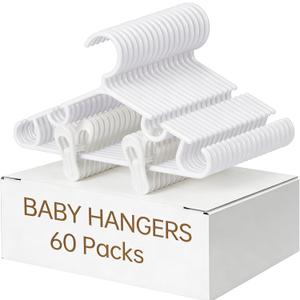 Nursery Baby Hangers with Clips, 20 Newborn Kids Plastic Clothes Hangers for Toddler Pants with 40 Clips for Children's Clothes Packs(White,60 Packs) (60, White), Children's Size