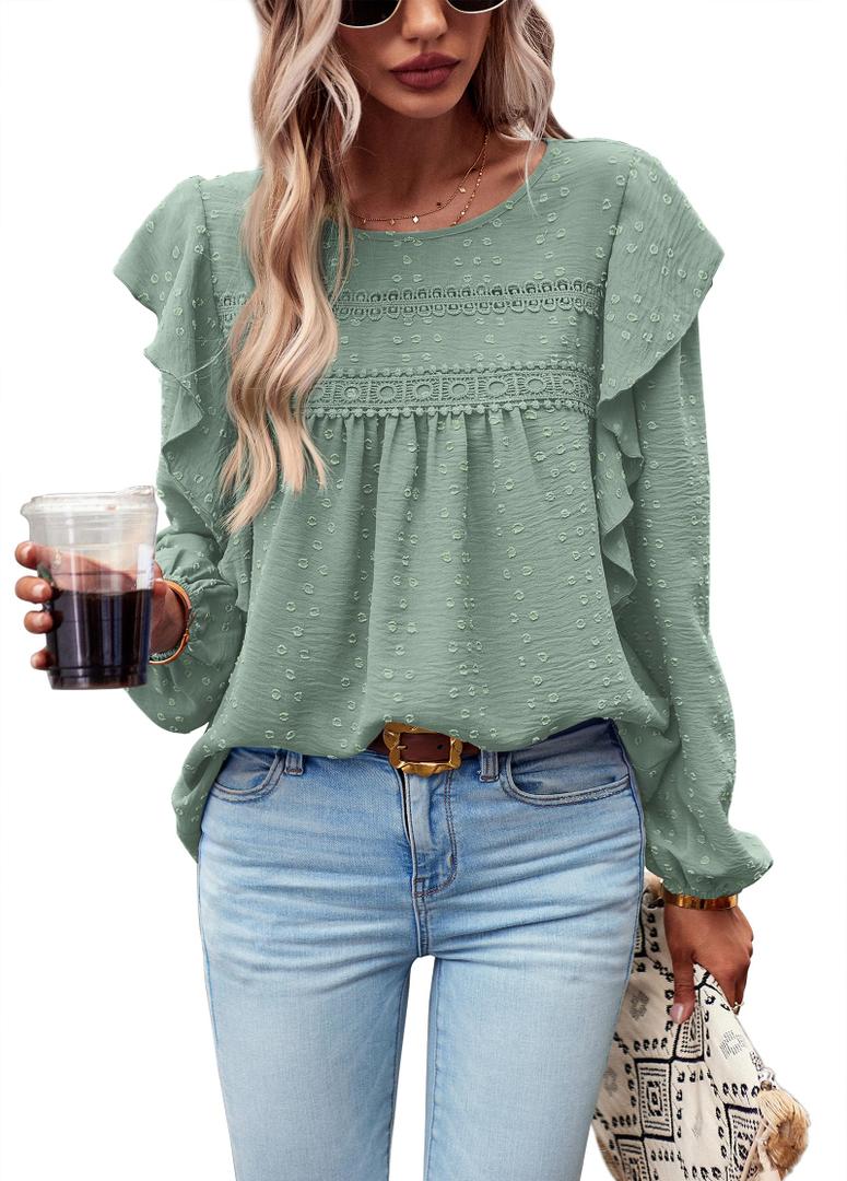 PRETTYGARDEN Women's Long Sleeve Blouses Ruffle Swiss Dot Crochet Loose Fit Tunic Dressy Casual Tops Shirts Spring Fashion 2026 (Fruit Greenack XS) (Green, XS)