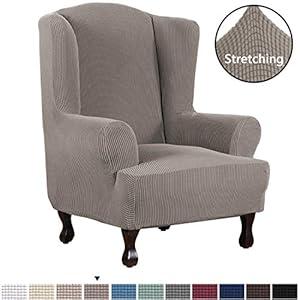 H.VERSAILTEX 1 Piece Super Stretch Stylish Furniture Cover/ Wingback Chair Cover Slipcover Spandex Jacquard Checked Pattern, Super Soft Slipcover Machine Washable/ Skid Resistance (Wing Chair, Taupe)