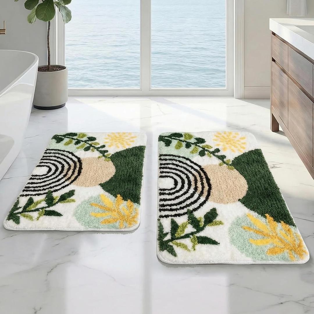 Arttown Boho Abstract Gold Plant Bathroom Rug Set 2 Piece Fluffy Microfiber Non-Slip Water Absorbent Bath Mat Soft Washable Floor Rug for Tub Showers Laundry Room Decor (16"x24"+20"x32")