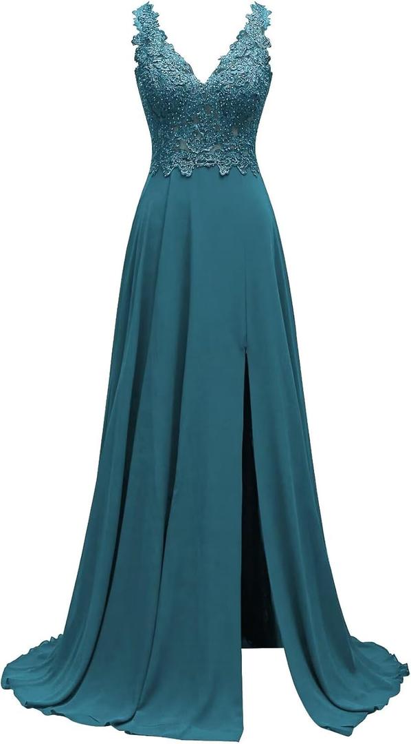 homdor Lace Appliques Chiffon Bridesmaid Dresses 2026 Long Beaded Prom Dress A Line Formal Gowns with Slit for Women Color: Peacock, Size 26