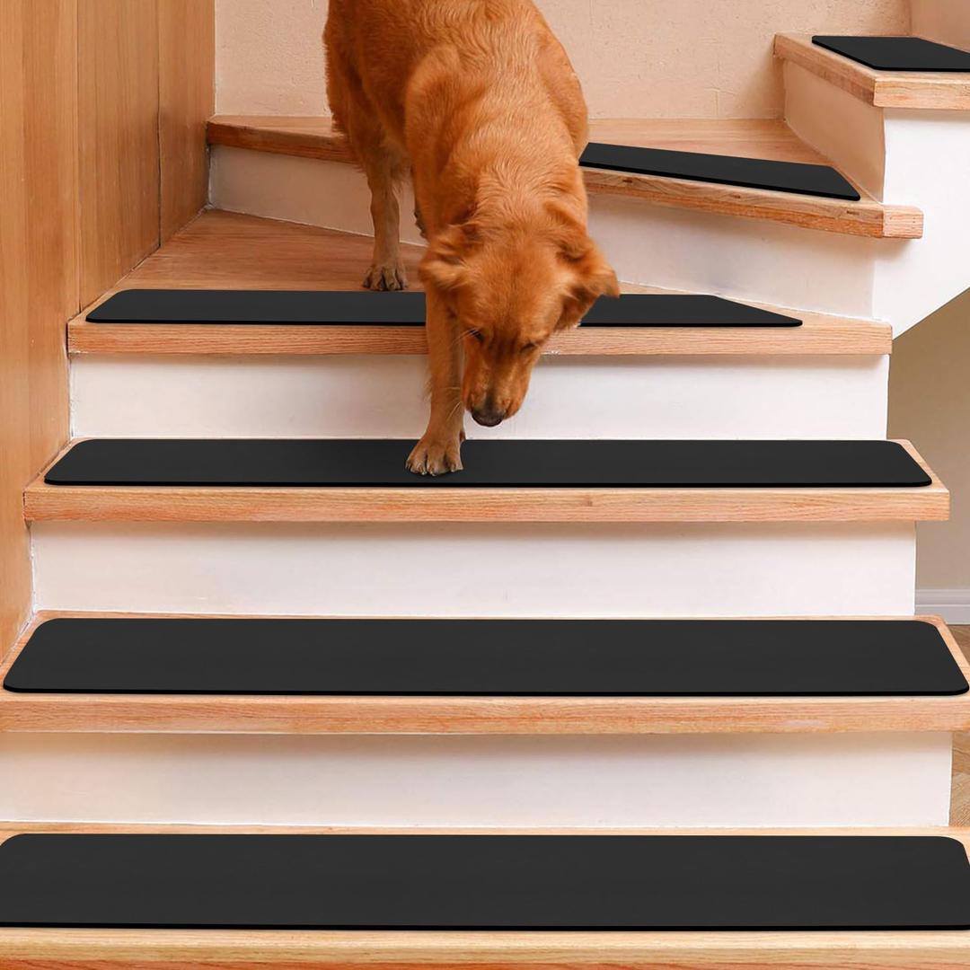 Rubber Stair Treads Carpet Non Slip, Black Stair Rugs for Wooden Steps, Reusable Carpet Stairs Runner Stair Mats Covers Set of 15