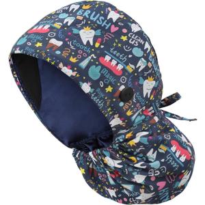 Adjustable Scrub Cap with Button, Satin-Lined Cotton Scrub Hat Sweatband, Elastic Working Hat Unisex, One Size (A-new Arrival Satin-lined Magic Teeth)