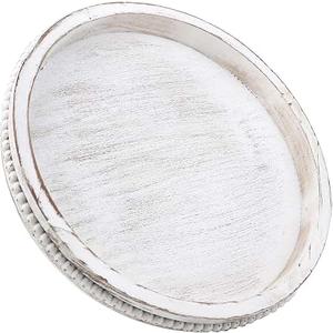 Zosenley 13 Inch Round White Centerpiece Tray with Handles - Plastic Distressed Wood Grain Decorative Serving Platter for Coffee Table - Rustic Farmhouse Ottoman Decor, Perfume & Candle Organizer