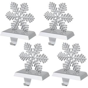 4Pcs Christmas Snowflake Stocking Holders, Snowflake with Diamond Stocking Hanger Mantel Weighted Heavy Metal Stocking Hook Stand with Non-Slip Strips for Tables Window Fireplace Home Decor