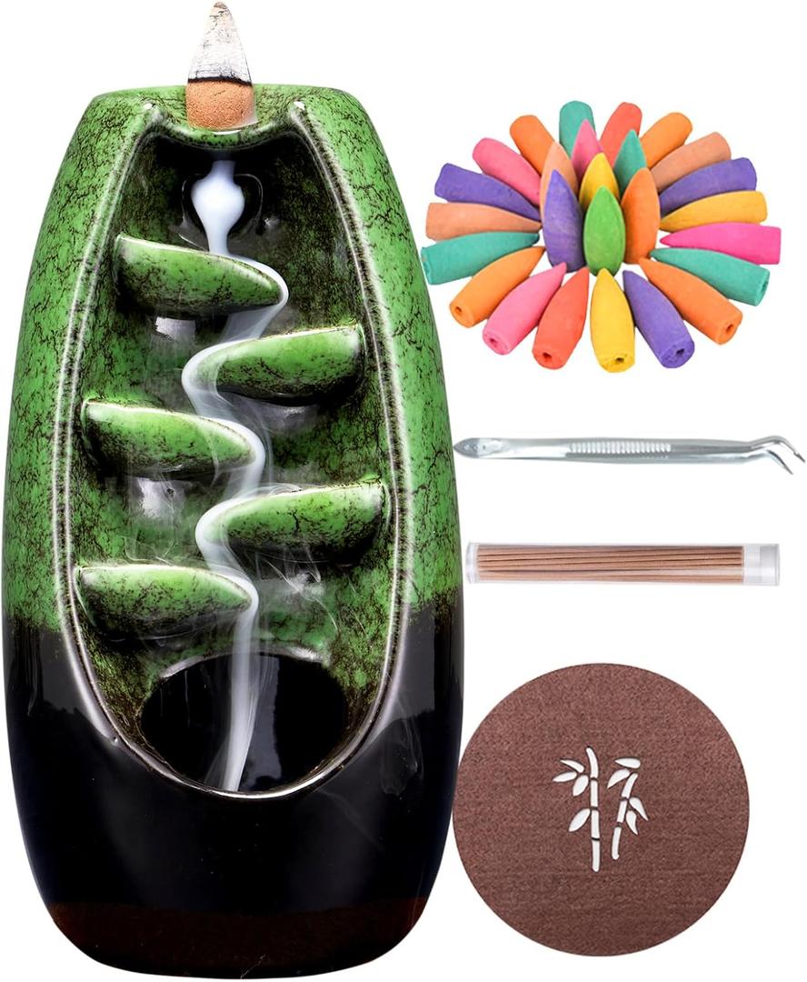 SPACEKEEPER Ceramic Backflow Incense Holder Incense Burner Waterfall with 120 Backflow Incense Cones & 30 Incense Stick, Aromatherapy Ornament Home Decor, Green