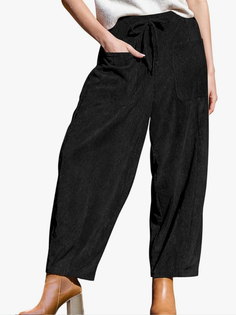 TARSE Women’s Corduroy Pants Baggy Wide Leg Pants Casual Elastic Waisted Palazzo Harem Pants with Pockets M