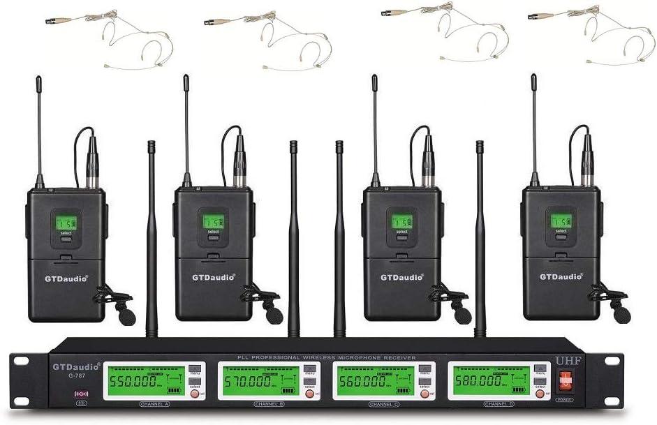 GTDaudio 4x800 Adjustable Channels UHF Diversity Wireless Cordless Microphone System with 4 Bodypacks, 4 Beige Headsets & 4 Lapels Mics, Range 450 ft, (8 Mics)