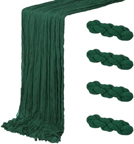 4 Pack Emerald Green Cheesecloth Table Runner 20 x 120 inch Gauze Table Runners 10 FT Long, Semi Sheer Boho Cheese Cloth Fabric Table Runner Bulk for Wedding, Party, Baby Shower, Bridal Shower Decoration