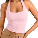 Trendy Queen Halter Tops for Women 2025 Summer Going Out Tops Backless Crop Sleeveless Workout Shirts Cute Y2k Clothes (Small, Babypink)