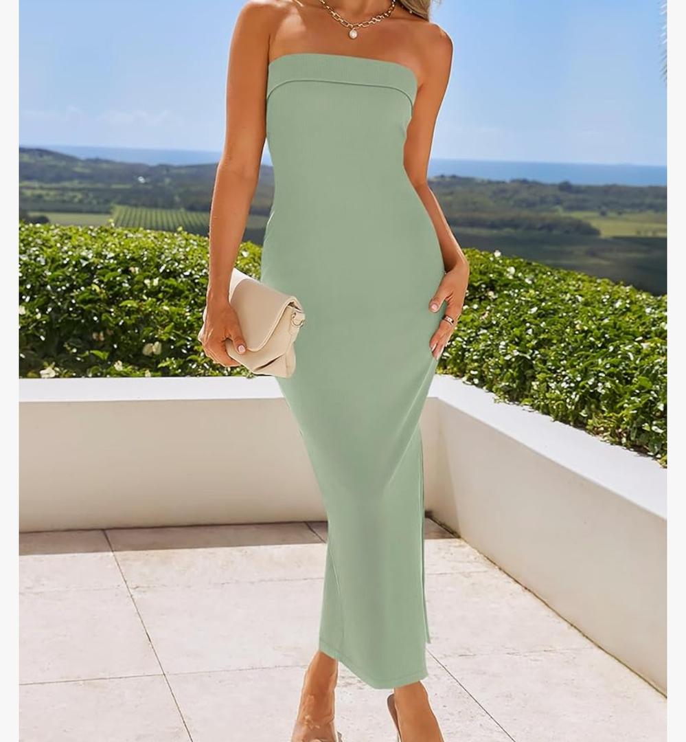 Women's Summer Strapless Bodycon Midi Dress Off Shoulder Sleeveless Side Slit Tube Long Club Party Dresses, Medium