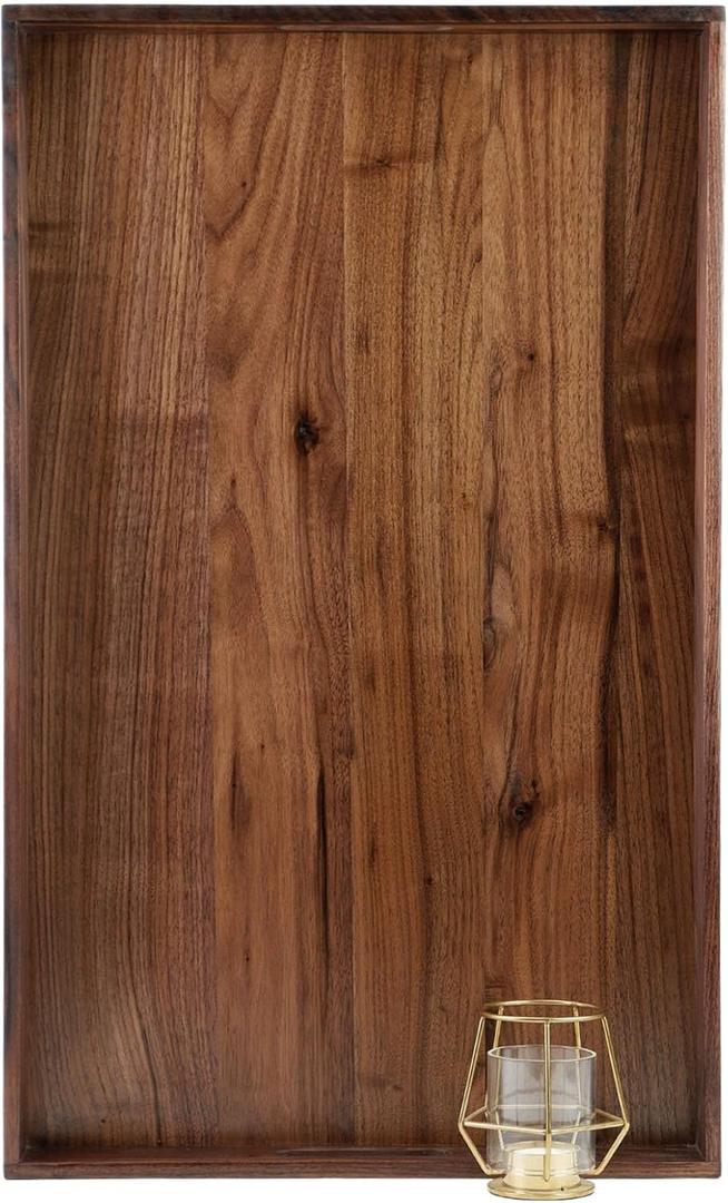 26 x 16 Inches Extra Large Rectangle Black Walnut Wood Ottoman Tray with Handles, Serve Tea, Coffee or Breakfast in Bed, Classic Wooden Decorative Serving Tray