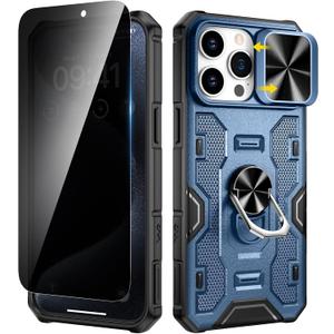 VEGO for iPhone 15 Pro Max Case with Camera Cover, 360Rotatable Ring Kickstand & Privacy Screen Protector Upgraded Military Grade Shockproof Case for iPhone 15 ProMax 5G 6.7 Inch - Dark Blue