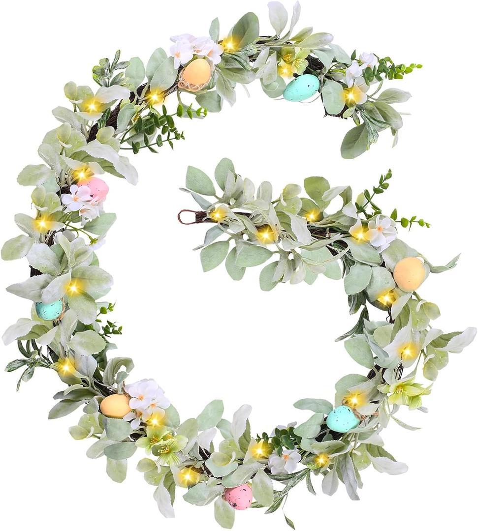 6FT Lighted Easter Garland,Easter Egg Garland Decorations with 20 LED Lights,Flowers,Lamb Ears Leaves,Timer,Easter Spring Floral Garlands for Mantle,Stairs,Door,Home,Fireplace, Party,Indoor