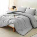 CozyLux Light Grey Comforter Set Queen Size, 3 Pieces Solid Breathable Quilted Style Bedding Sets, Light Gray Luxury Fluffy Bed Set Soft Microfiber Comforter All Season (1 Comforter & 2 Pillowcases)