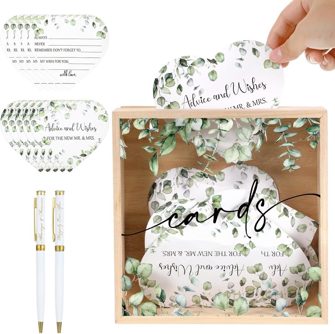 53 Pcs Wedding Card Boxes for Reception Greenery Holder Box 50 Advice and Wishes Card 2 Ballpoint Pens Wedding Wishes Set for Reception Bridal Shower