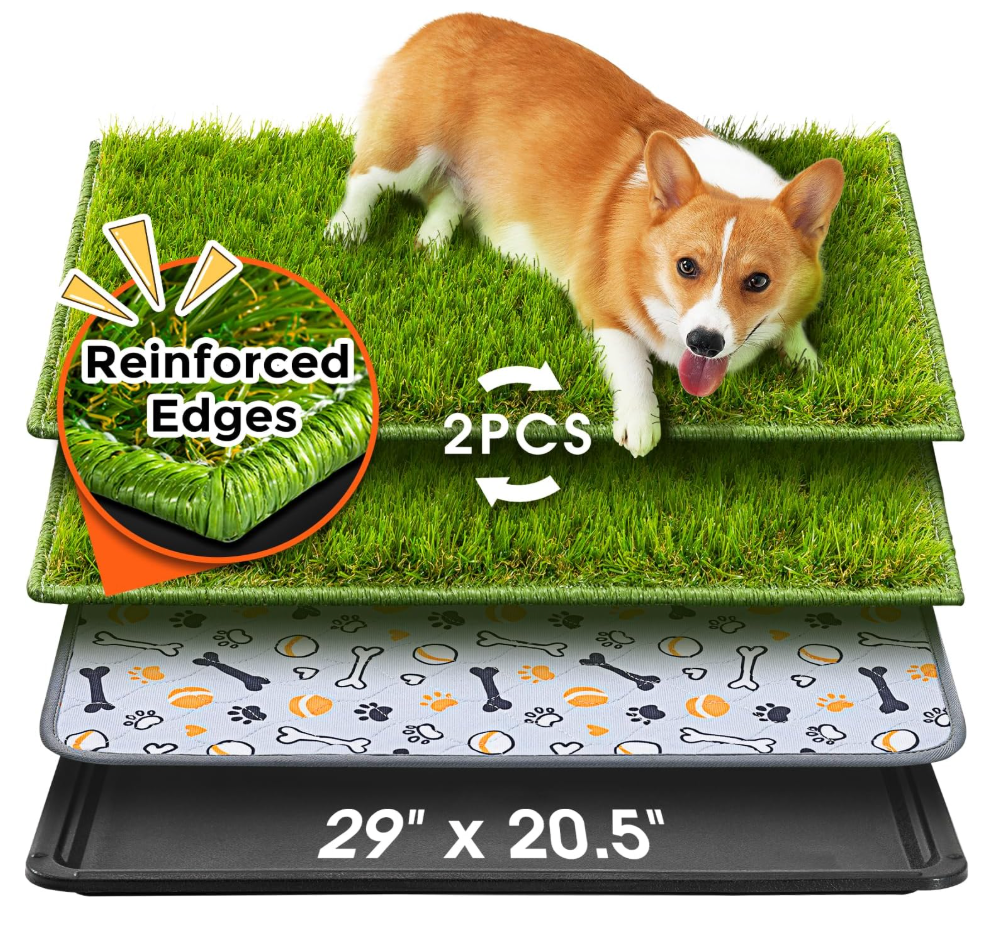 Hompet Dog Grass Pad with Tray Large, 29"x20.5", 2 Reusable Artificial Turf for Dogs Potty, Waterproof Non-Slip Washable Pee Pads, Quickly Absorbency Portable Dog Litter Box for Indoor/Outdoor Use