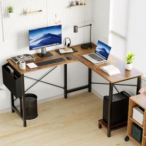 L Shaped Desk Gaming Computer 50 Inch Reversible Corner Table PC Work Table for Writing Study Student with Wood Tabletop Metal Frame CPU Stand Side Bag for Home Office Small Place (Rustic Brown)