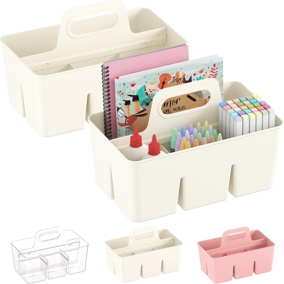 Lifewit 2-Pack Plastic Divided Caddy Organizer with Handle, Portable Art Supply Storage Organizer for Craft Supplies, Cosmetics, Holds Pencil, Crayon, Brushes, Hair Product, Dorm Shower Caddy, White