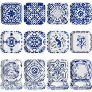 Nitial 120 Pcs Blue and White Flower Paper Plates Disposable Blue and White Decorative Dinner Plates Chinoiserie Dessert tableware for Wedding Birthday Tea(Square)