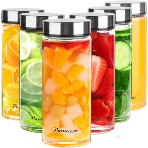 16oz Glass Juice & Water Bottles with Lids, 6-Pack Wide Mouth Borosilicate Glass Bottles Reusable, Leakproof & Dishwasher Safe, for Smoothies, Juicing, Protein Shakes & Shaker Bottles (500ml)
