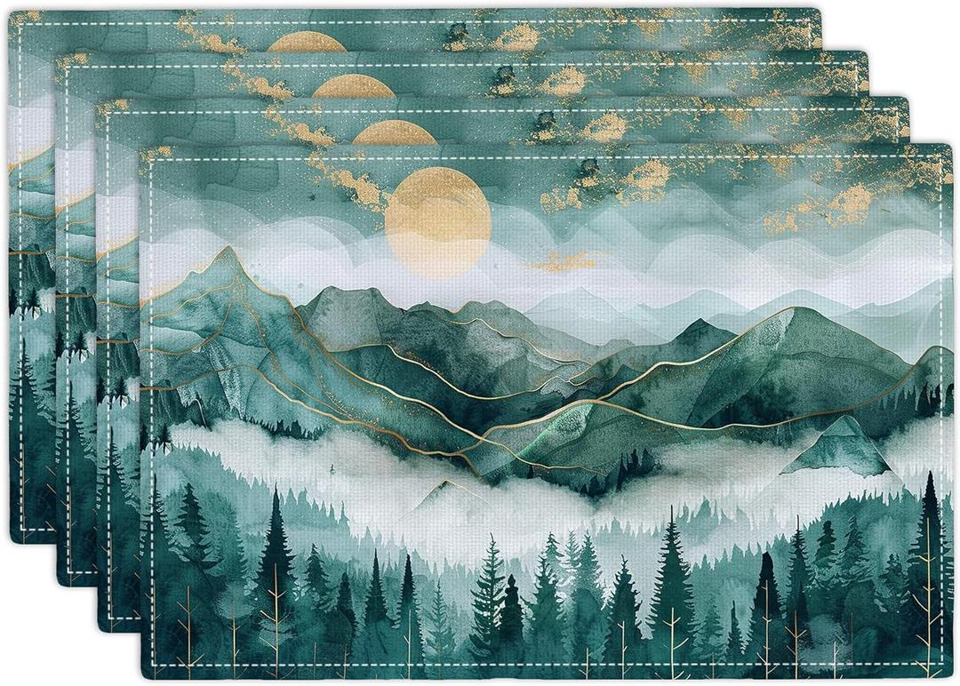 Mountain Placemats Set of 4 Forest Tree Landscape Imitation Linen Placemat Heat Resistant Dining Misty Mountain Hills Place Mats Modern Table Mats for Kitchen Indoor Outdoor Restaurant 12''x18''