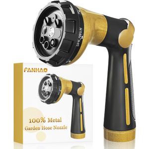 FANHAO Garden Hose Nozzle Heavy Duty, 100% Metal Water Hose Sprayer with 8 Spray Patterns, High Pressure Spray Nozzle Thumb Control On Off Valve for Outdoor Lawn & Plant Watering, Car & Pet Washing (Yellow)