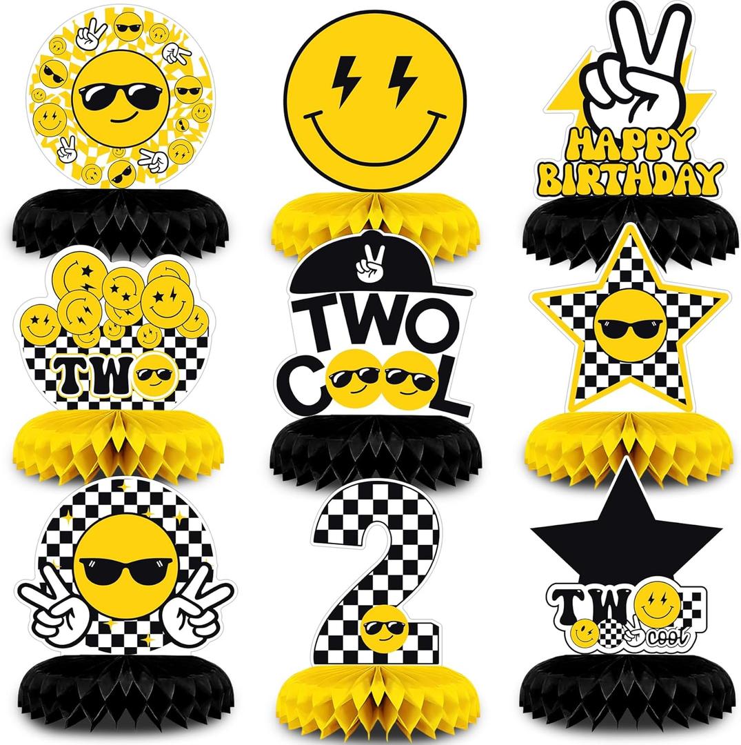 NANAGALI 9 Pcs Two Cool Honeycomb Centerpiece Two Cool Birthday Party Decorations - Happy Face 2nd Table Toppers Centerpieces Birthday Party favors