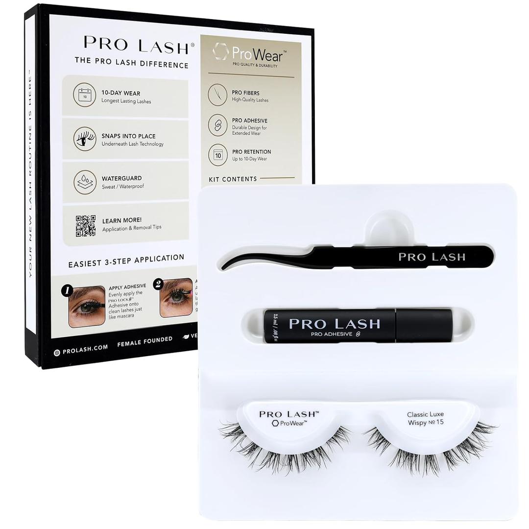 Pro Lash ProWear Mini Lash Clusters Kit - Easiest to Apply Lashes - 10-Day Cluster Eyelash Extensions - False Eyelashes Plus Adhesive and Tweezers - Classic Luxe Wispy No.15 - Black