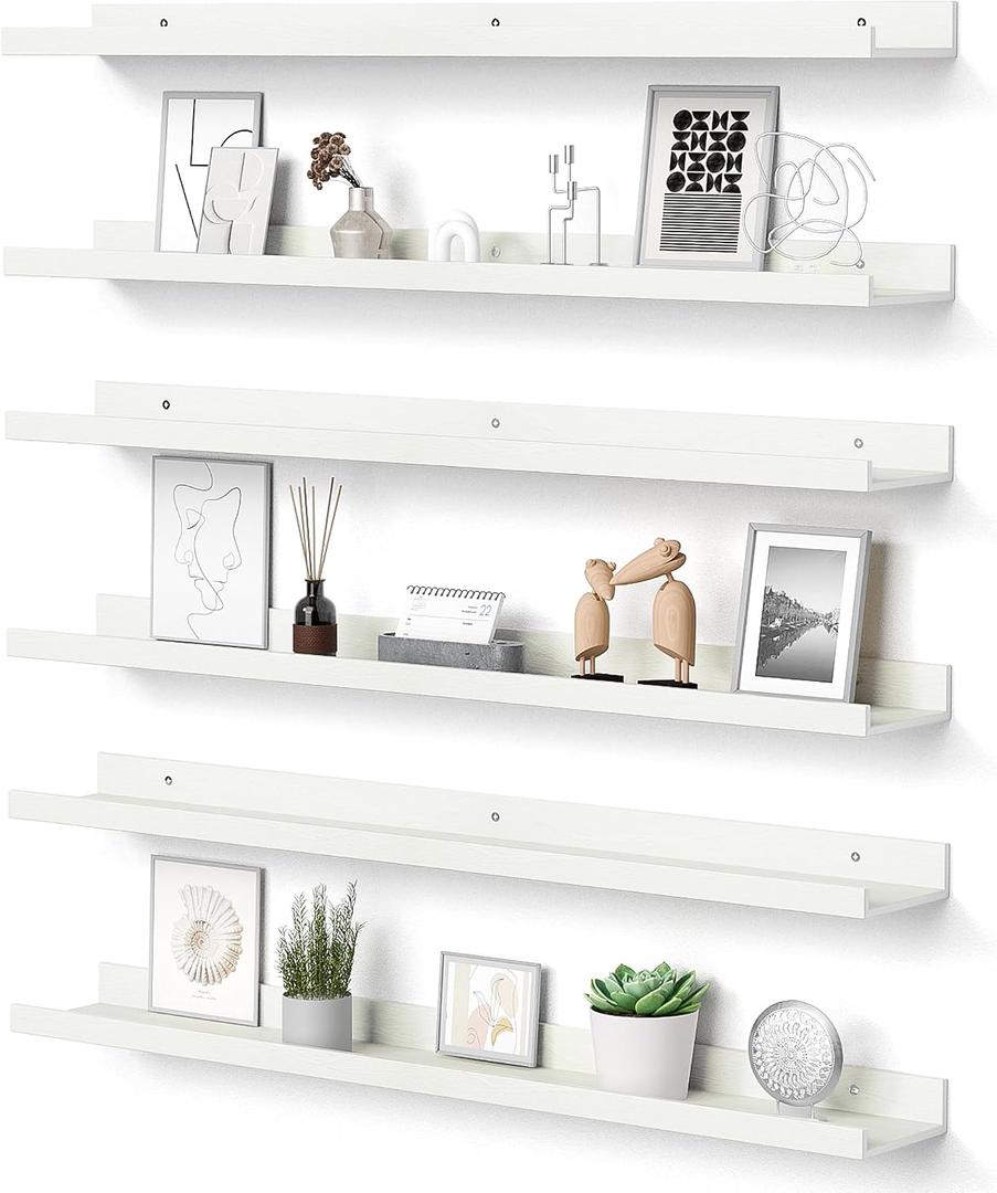 upsimples Floating Shelves for Wall, 35.5 Inch Shelves for Decor Storage Set of 6, Wall Mounted Wood Shelf for Bedroom, Living Room, Bathroom, Kitchen, Long Picture Ledge Shelves, White