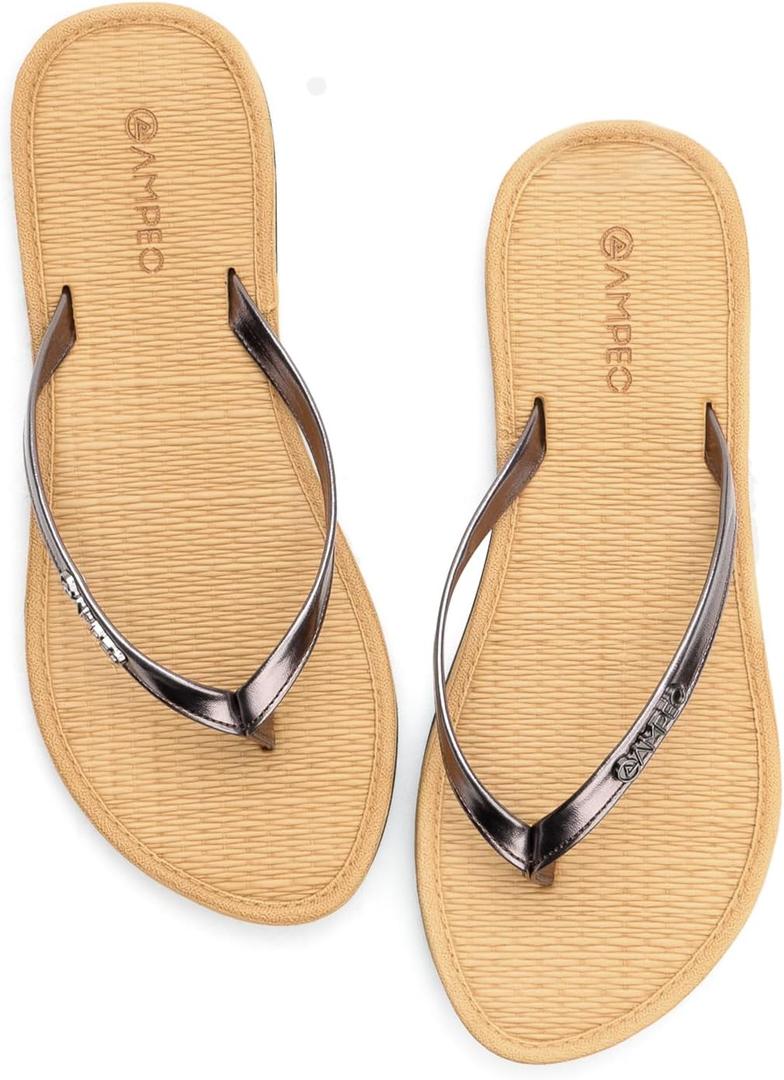 Ampeo Flip Flops For Women Comfortable Lightweight Beach Quick-Dry Thong Flat Sandals, Metallic Brown, Size 9