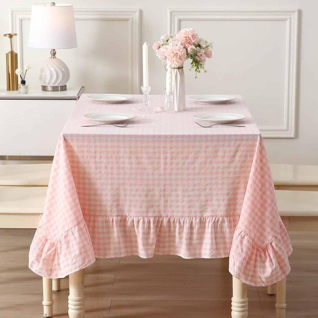 Blush White Plaid Ruffled Table Cloth Rectangular for Seat 8-10, 100% Washed Cotton Buffet Cottage Coquette Checker Gingham Vintage Decorative Tablecloth - 120"x60"