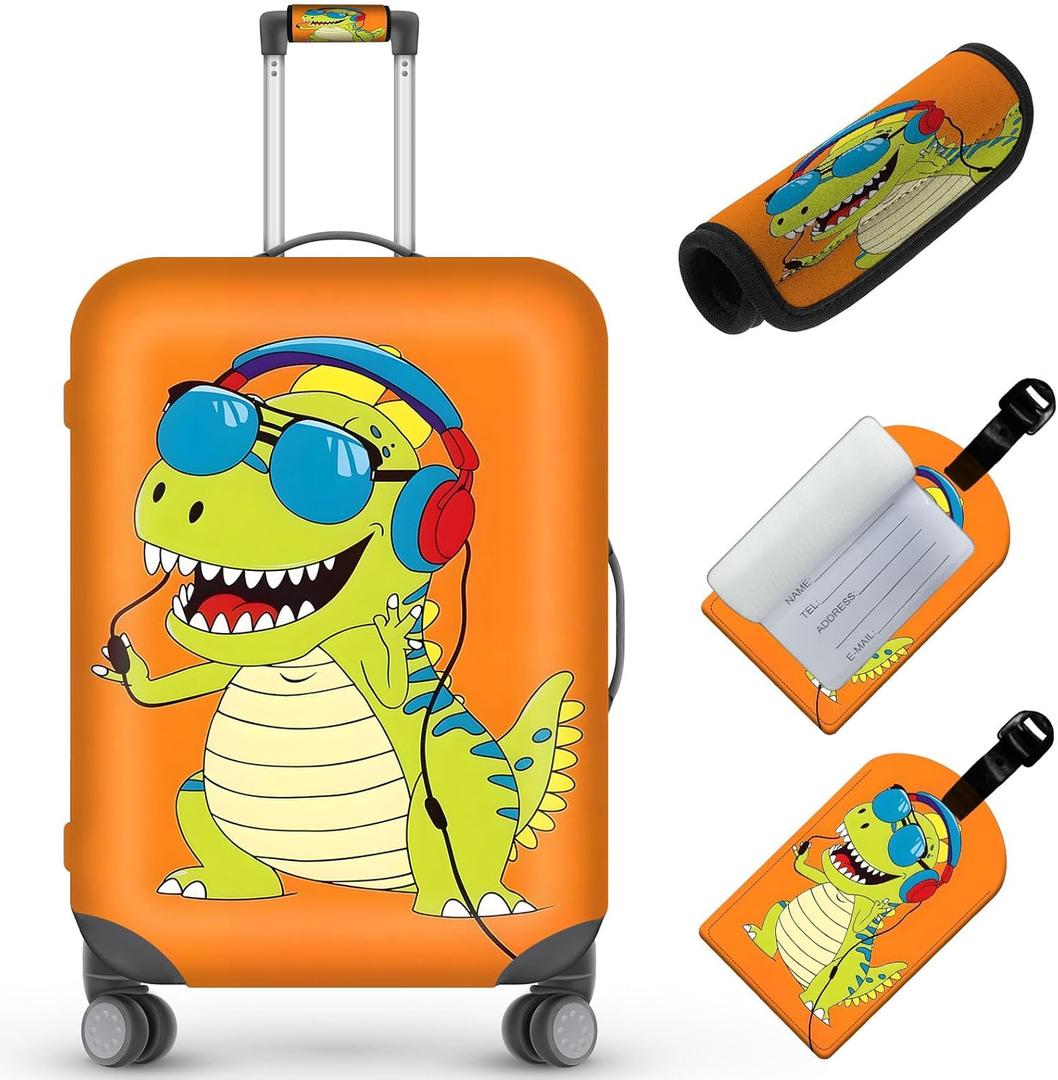 Travel Luggage Cover,Cartoon Dinosaur Theme Suitcase Cover Accessory Kit, Luggage Tag, and Comfortable Luggage Handle Wrap, Washable Zipper Close Luggage Suitcase Protector (18-20 inch,S)