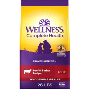 Wellness Complete Health Adult Dry Dog Food, Wholesome Grain Kibble, Natural, Beef and Barley Recipe, 26 lb Bag (EXP 08/06/27)
