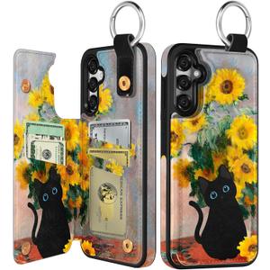 Shorogyt for Samsung Galaxy S25 Wallet Case - Cute Fashion Sunflower Cat Design with Card Holder Kickstand for Magnetic Clasp Back Flip Folio Leather Phone Cases for Wome Girls Men