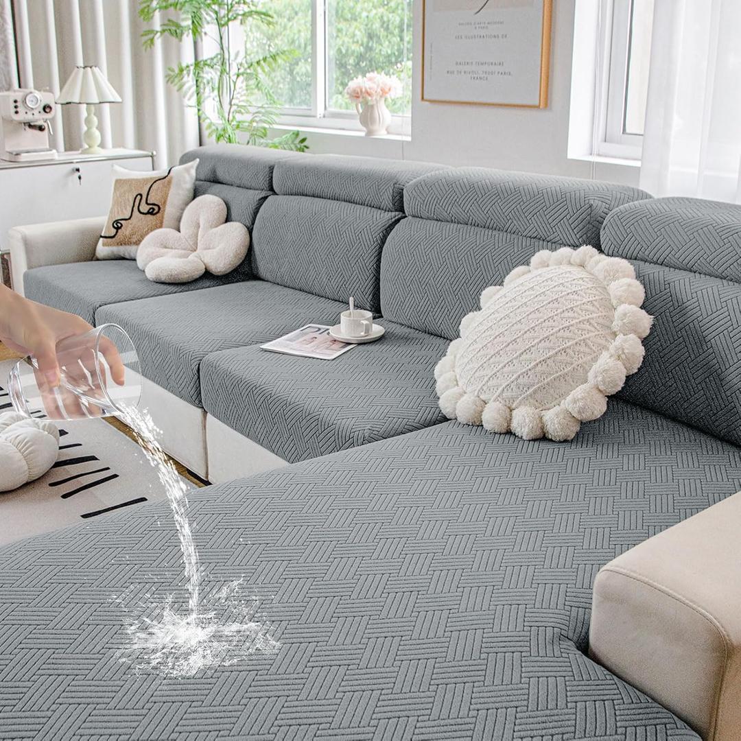 hyha Waterproof Couch Cushion Covers, Stretch Magic Sofa Seat Slipcover, Waterproof Sectional Couch/Sofa Cushion Covers for Pets Washable with Elastic Bottom(3PC, Grey)
