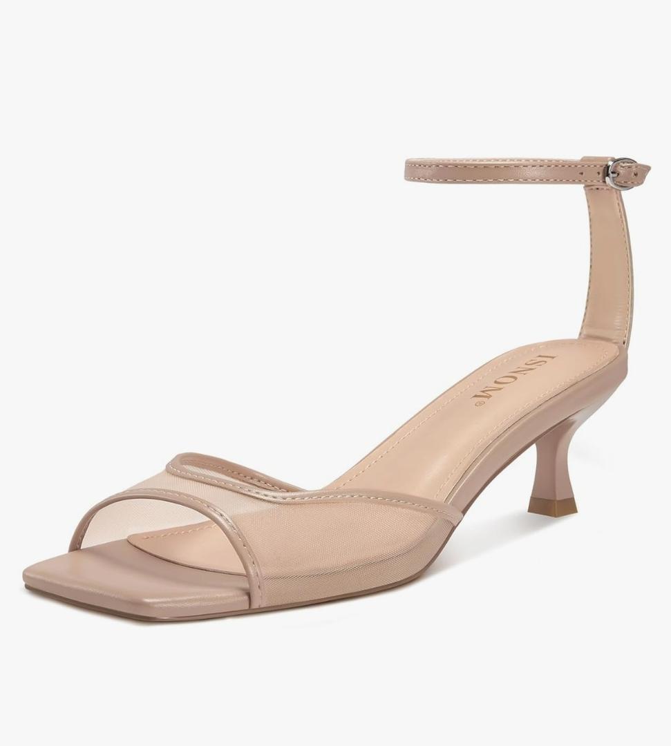 ISNOM Womens Mesh Kitten Heels Sandals Square Toe Ankle Buckle Strap Low Heels Comfort Summer Dress Shoes, 6