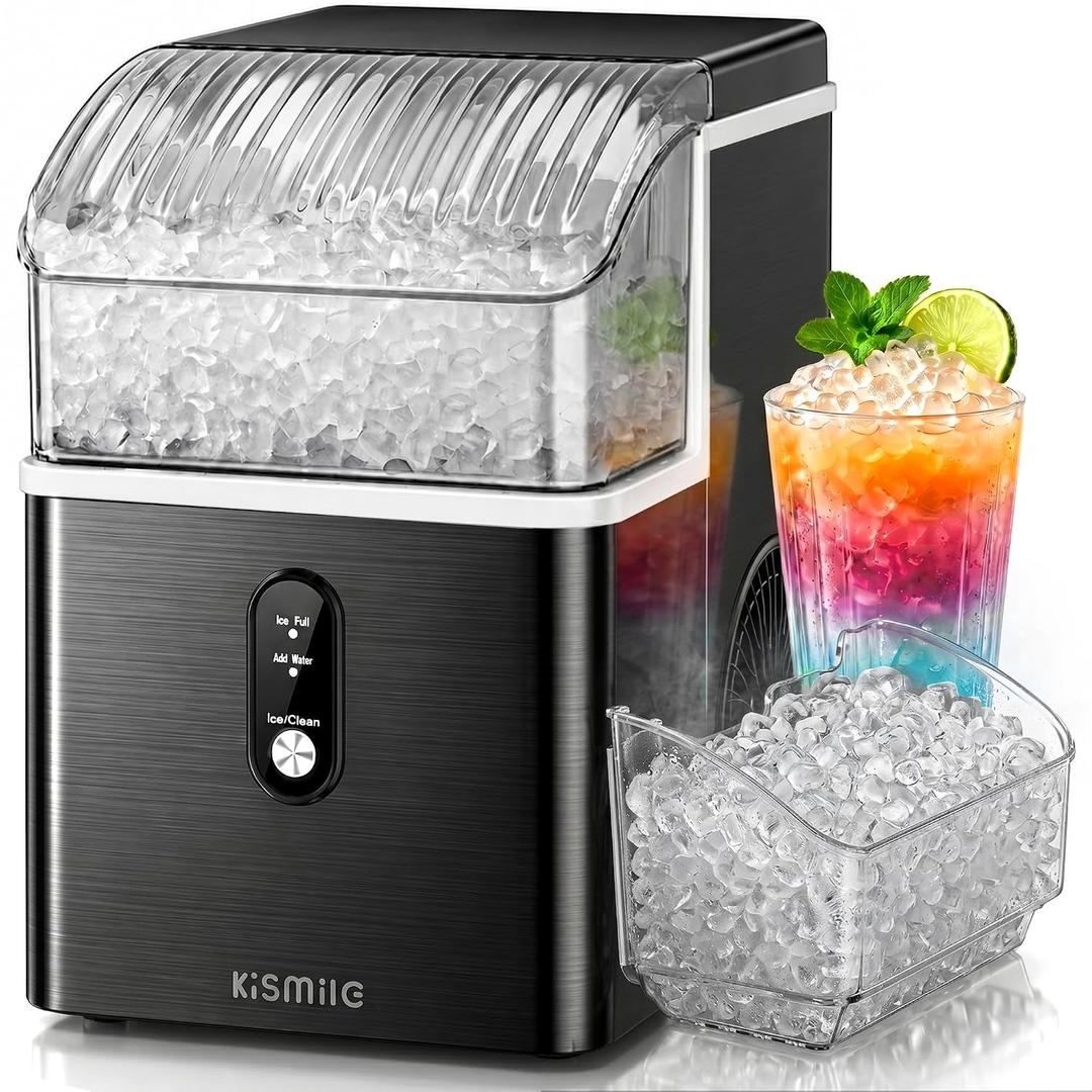 Kismile Nugget Ice Maker Countertop, Sonic Ice Maker with 35Lbs/24H, First Ice in 7 Mins, 1.2L Water Tank, Ice Basket Holds 2.2Lbs, Self-Cleaning Pebble Ice Machine for Home Kitchen Office Bar(Black)