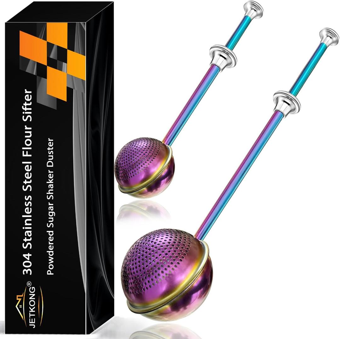 JETKONG 2 Pcs Flour Sifter, Stainless Steel Flour Duster for Bread Baking, Bakers Dusting Wand for Powdered Sugar and Spices (Small+Large, Rainbow)